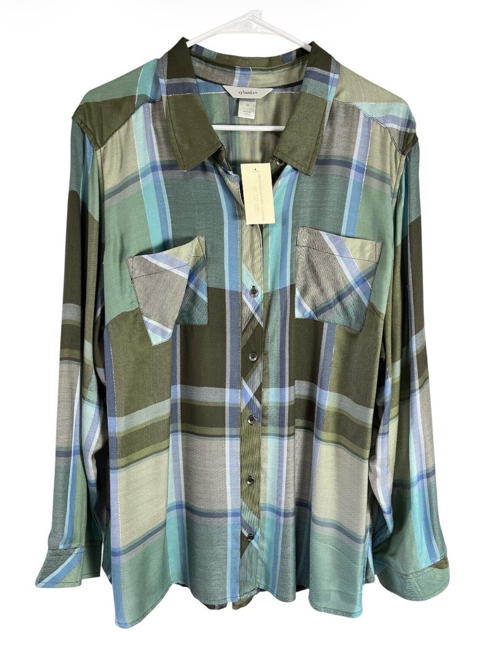 NWT C.J. Banks Plaid Metallic Modal Button Down Blouse Top 2X